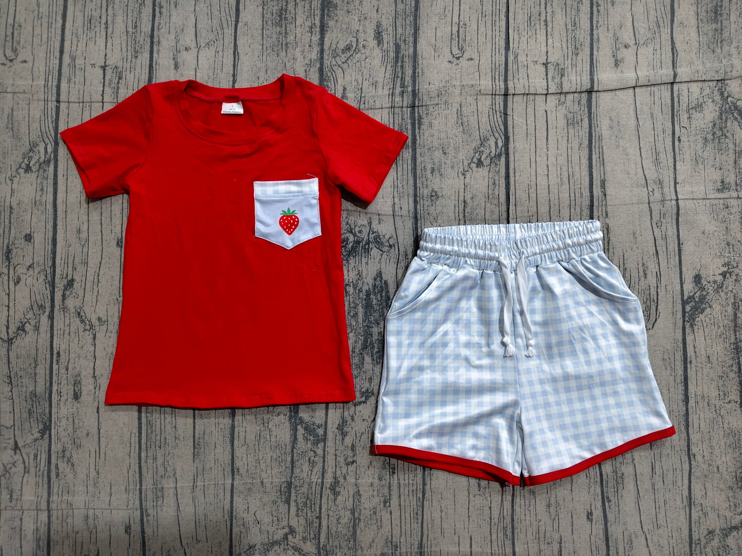 Preorder Baby Boys Short Sleeves Strawberry Red Shirt Plaid Pockets Shorts Clothes Set
