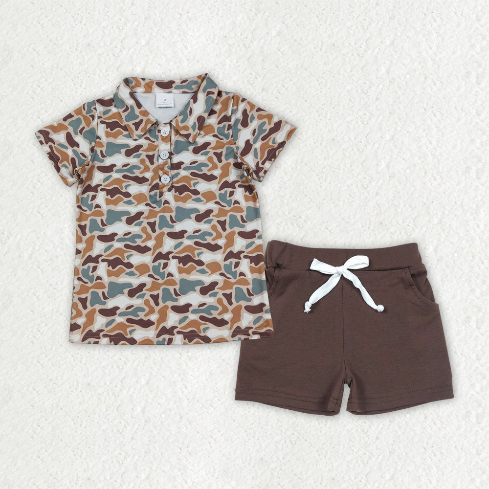 Baby Boys Short Sleeves Camo Buttons Shirt Brown Pockets Shorts Hunting Clothes Set