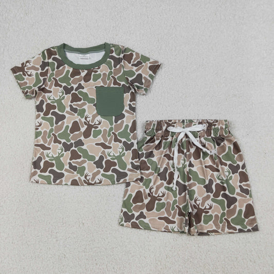 RTS Sibling Baby Boys Kids Short Sleeves Ducks Deer Camo Shirts Pockets Shorts Hunting Sets