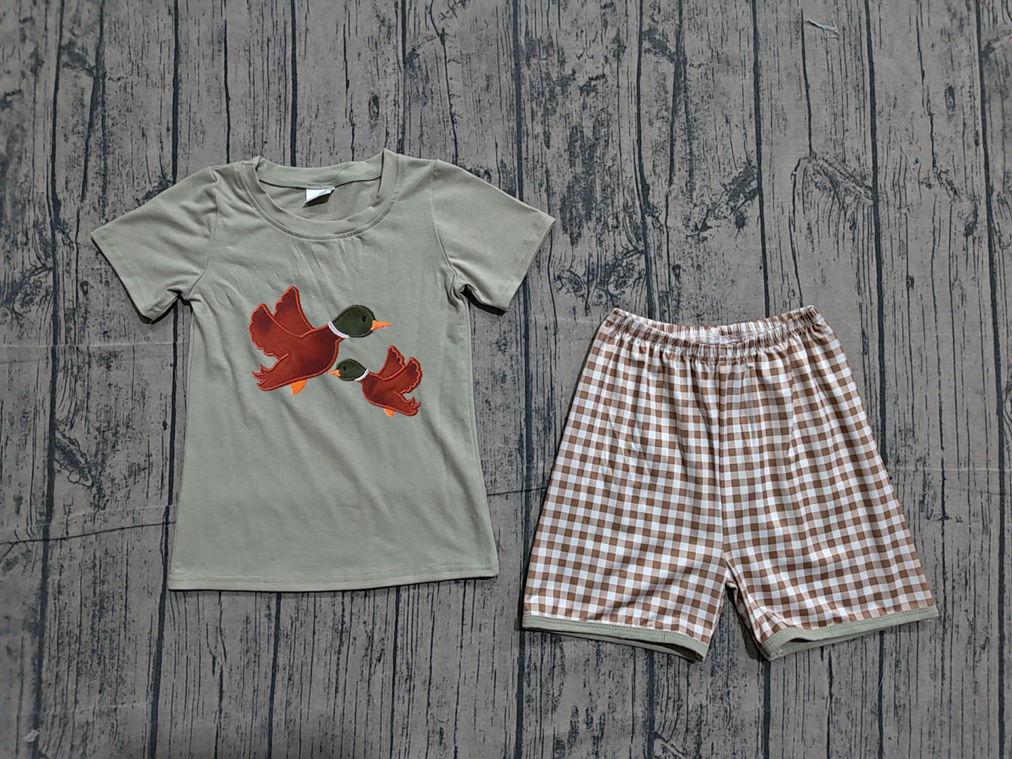 Preorder Baby Boys Kids Short Sleeves Embroidery Ducks Shirt Plaid Shorts Clothes Set