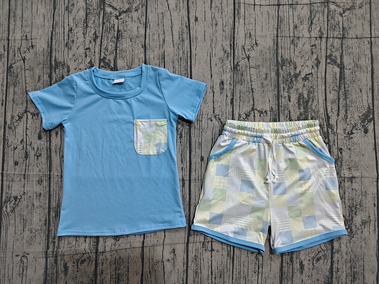 Preorder Baby Boys Kids Short Sleeves Blue Shirt Plaid Pockets Shorts Set Clothes