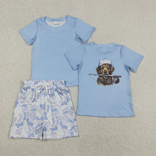 Sibling Baby Boys Kids Blue Short Sleeves Dog Fishing Shirts Camo Pockets Shorts Sets