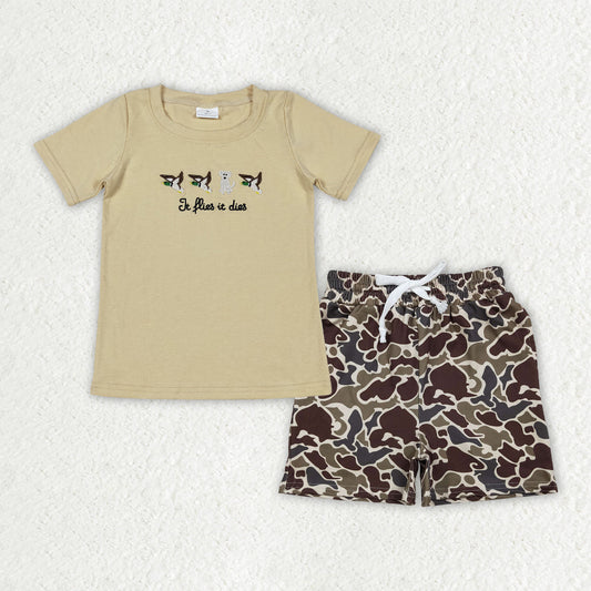 RTS Baby Boys Short Sleeves Embroidery Dogs Ducks Shirt Camo Shorts Clothes Set