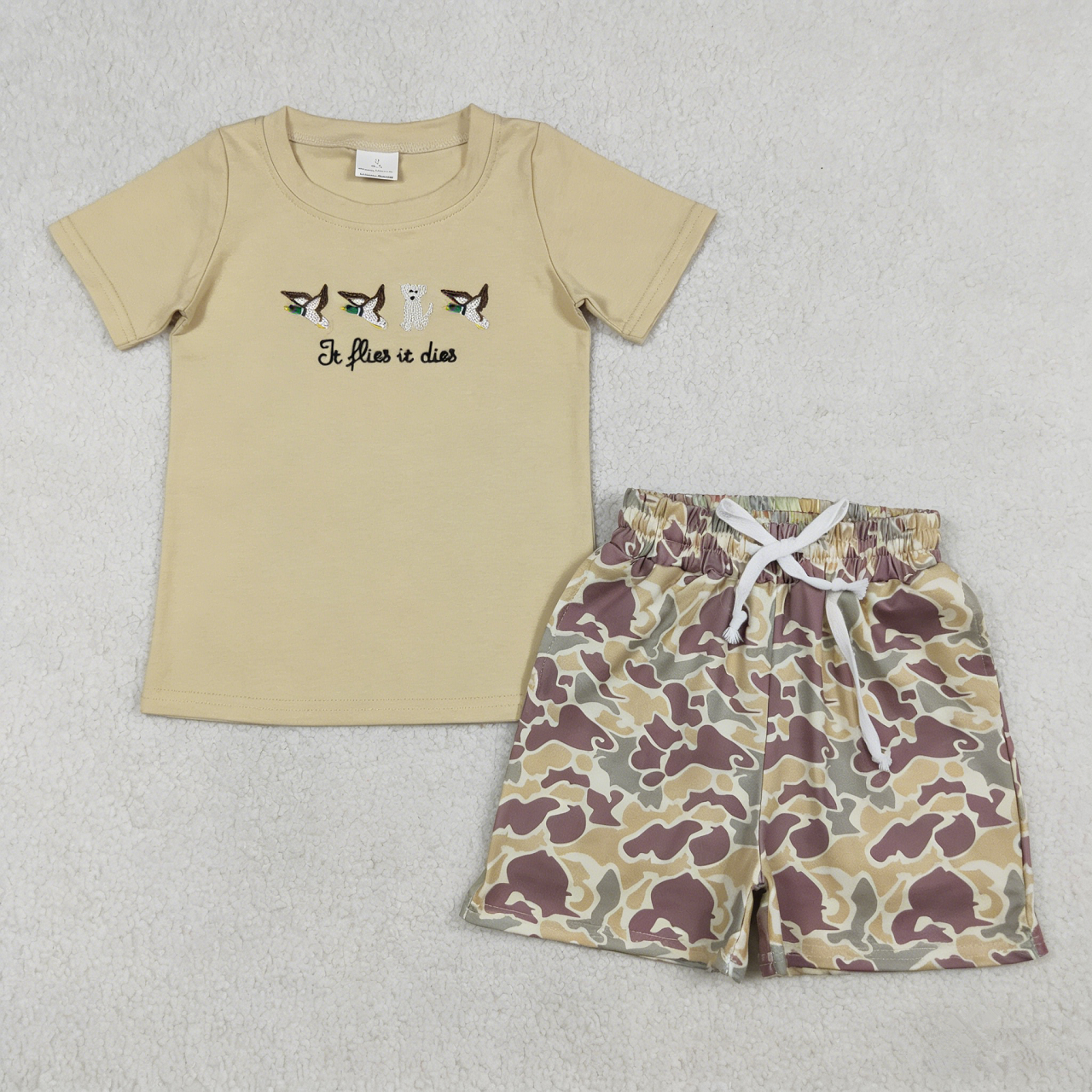 RTS Baby Boys Kids Short Sleeves Embroidery Dogs Ducks Shirt Pockets Camo Shorts Clothes Set