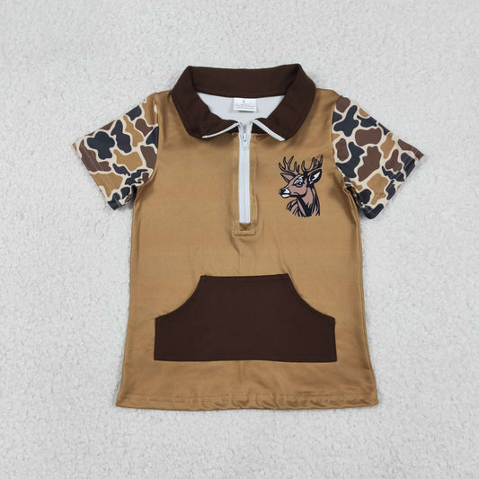 Sibling Baby Boys Short Sleeves Deer Dogs Southern Camo Zipper Pockets Hunting Pullover Shirts