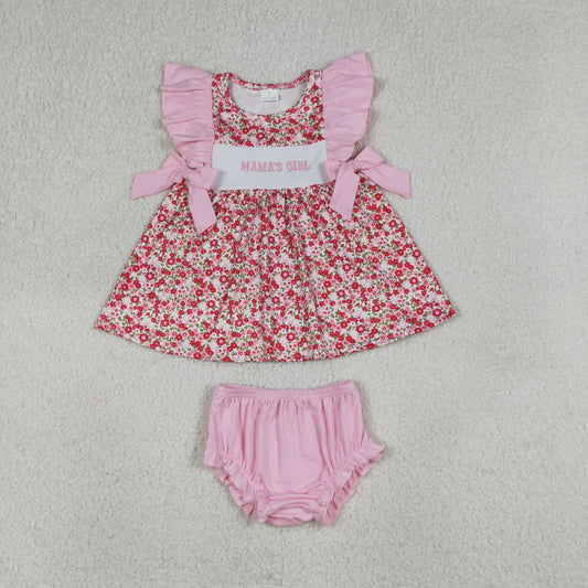 Sibling Baby Girls Kids Short Sleeves Embroidery Mama's Girl Flower Tops Pink Shorts Sets