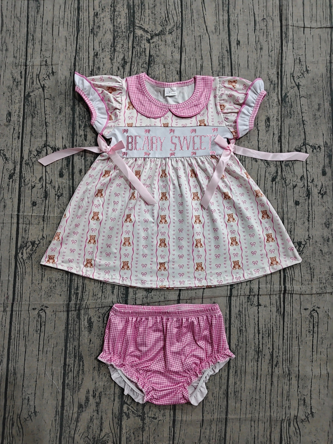 Preorder Baby Girls Kids Embroidery Beary Sweet Bows Tops Pink Bummie Set Summer Clothes
