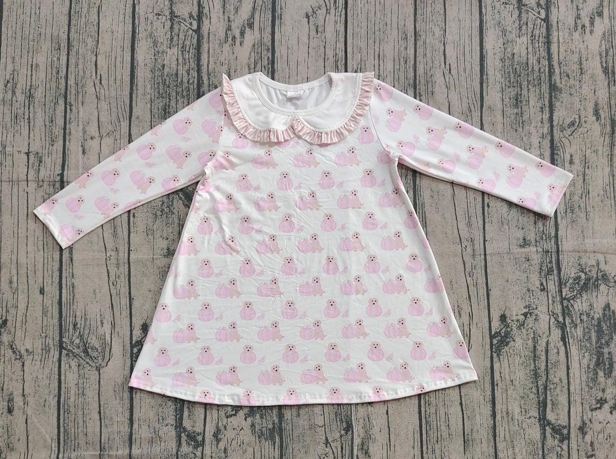 Baby Girl Long Sleeves Pumpkins Dogs Pink Fall Knee Length Dress