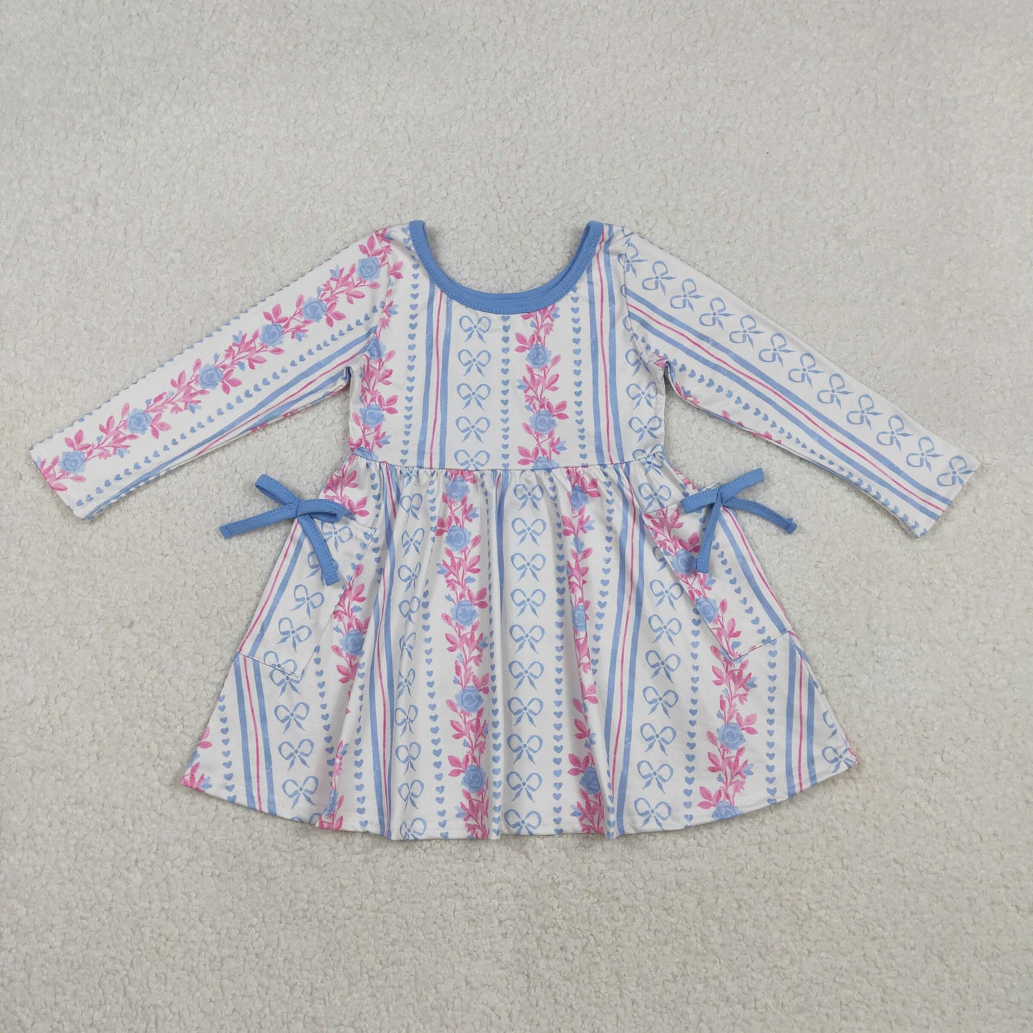 Sibling Baby Girls Long Sleeves Hearts Flower Bows Pockets Valentine Knee Length Dresses