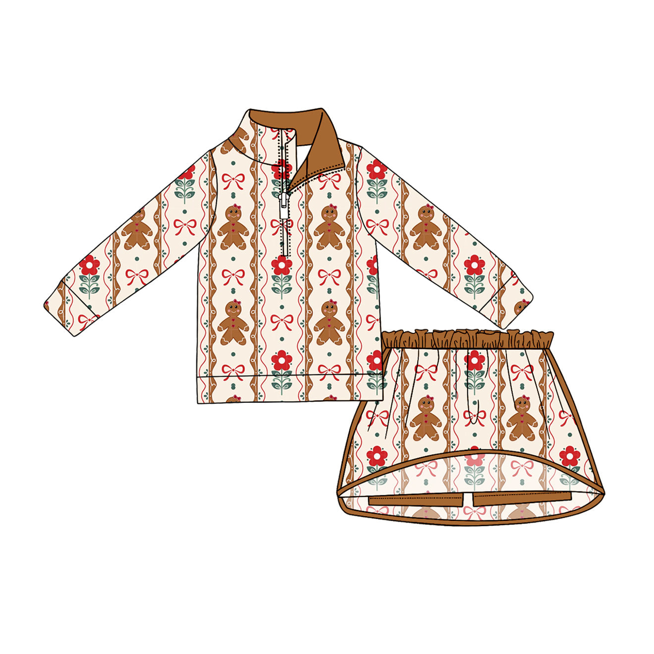 Preorder Baby Girls Kids Gingerbread Flower Bows Zipper Shirt Skirt Shorts Christmas Set Clothes ( Moq 5 )