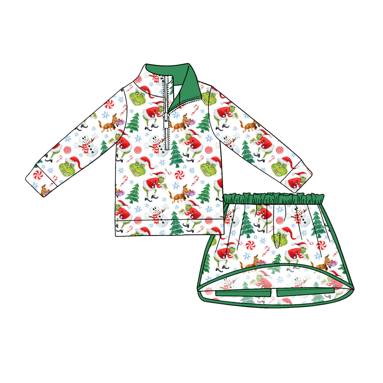 Preorder Baby Girls Kids Christmas Green Face Zipper Pullover Skirt Shorts Set Clothes ( Moq 5 )