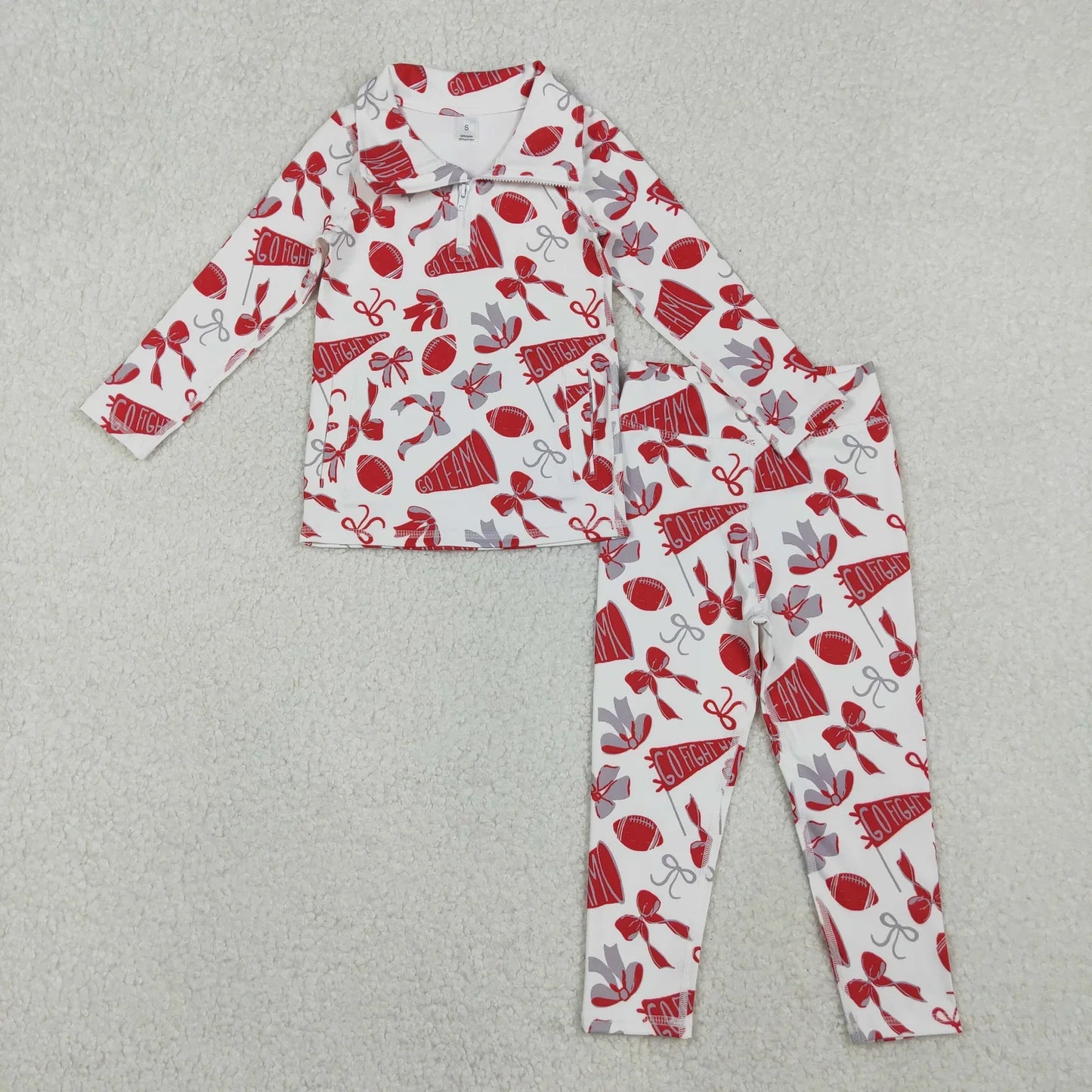 RTS Sibling Baby Girl Long Sleeves Football Bows Team Cheer Zipper Shirt Pants Yoga Active Sets