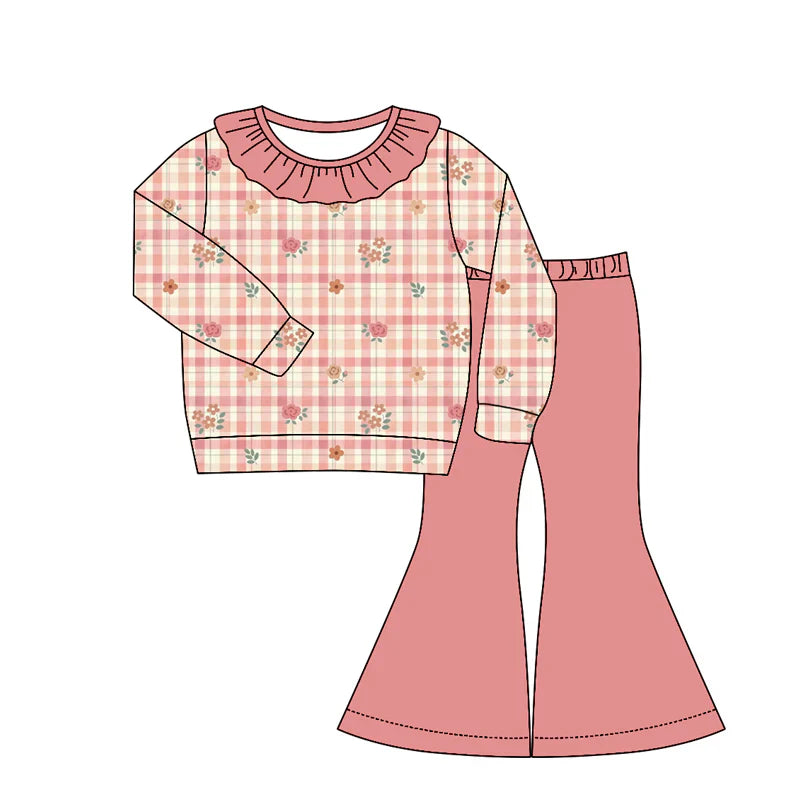Preorder Baby Girls Kids Long Sleeves Flower Plaid Ruffle Shirt Bell Pants Set Clothes ( Moq 5 )