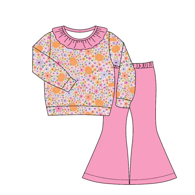 Preorder Baby Girls Kids Long Sleeves Pumpkins Flower Ruffle Shirt Pink Bell Pants Set Fall Clothes ( Moq 5 )