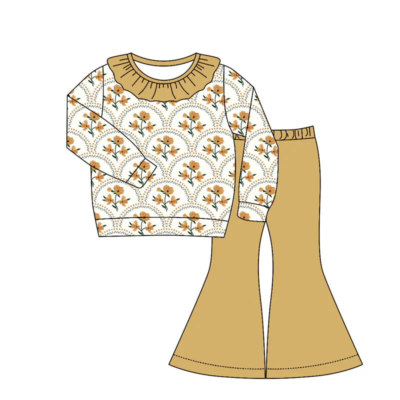 Preorder Baby Girls Kids Long Sleeves Flower Ruffle Shirt Bell Pants Set Clothes ( Moq 5 )
