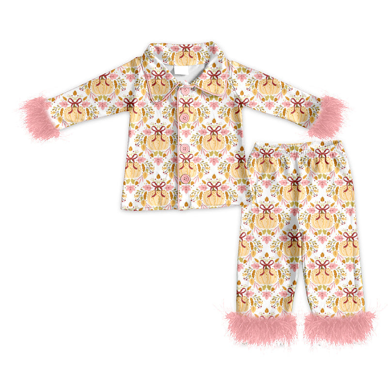 Preorder Baby Girls Kids Fur Long Sleeves Bows Pumpkins Flower Buttons Shirt Pants Fall Pajamas Set ( Moq 5 )