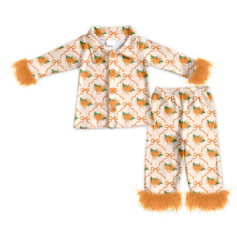 Preorder Baby Girls Kids Orange Fur Long Sleeves Bows Pumpkins Shirt Pants Fall Pajamas Set ( Moq 5 )