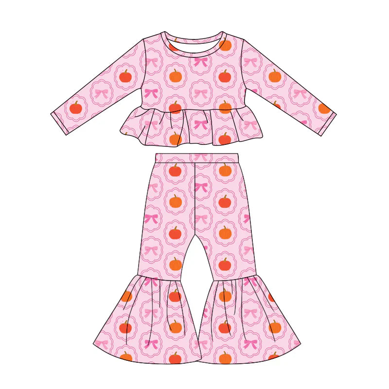 Preorder Baby Girls Kids Long Sleeves Tops Pumpkins Bows Bell Pants Fall Set Pink Clothes ( Moq 5 )