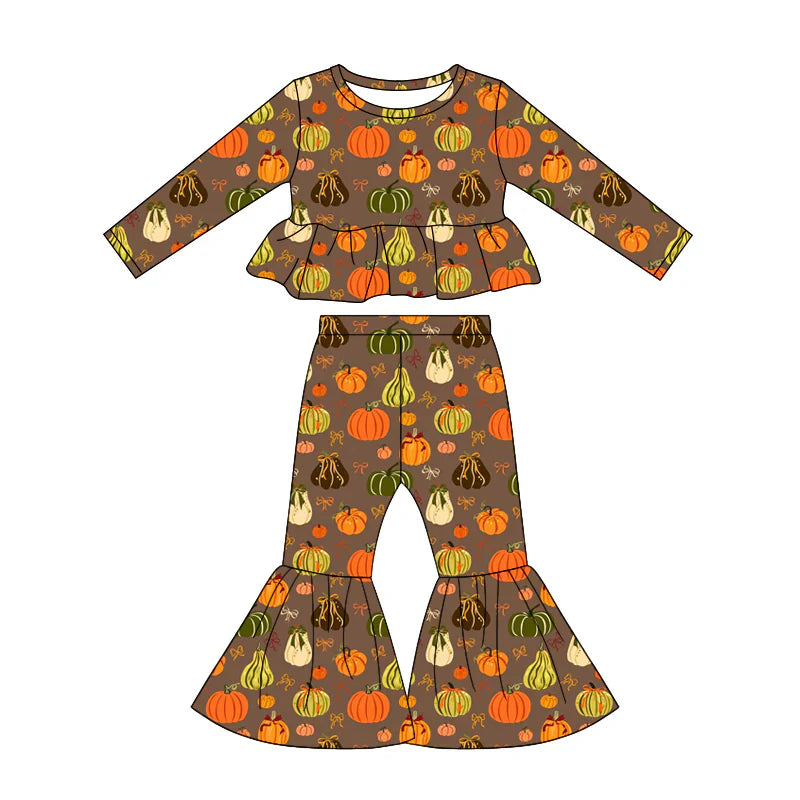 Preorder Baby Girls Kids Pumpkins Bows Tops Bell Pants Set Fall Clothes ( Moq 5 )