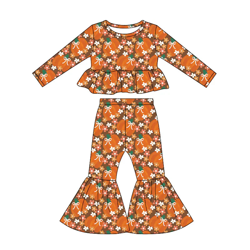 Preorder Baby Girls Kids Pumpkins Bows Flower Tops Bell Pants Set Fall Clothes ( Moq 5 )