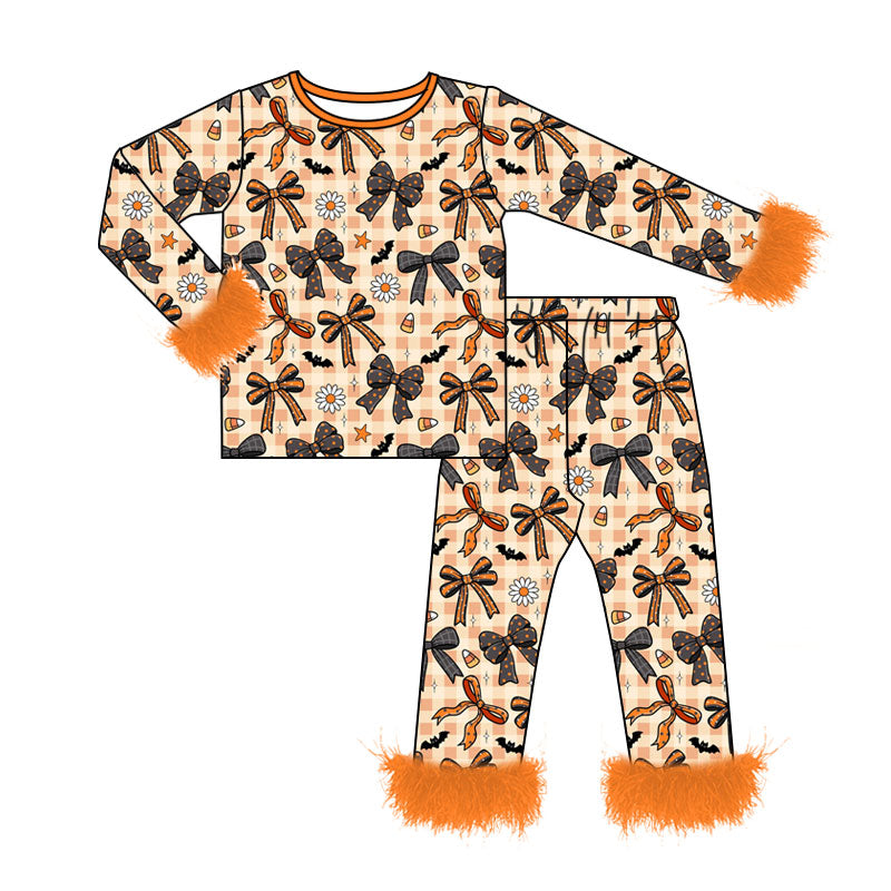 Preorder ( Moq 5 ) Baby Girls Kids Flower Bows Plaid Shirt Orange Fur Pants Set Halloween Pajamas