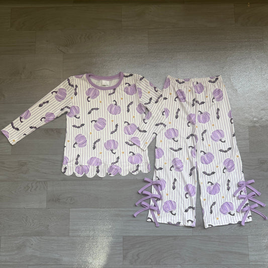 Baby Girls Kids Purple Pumpkins Scallop Shirt Bows Pants Set Halloween Clothes