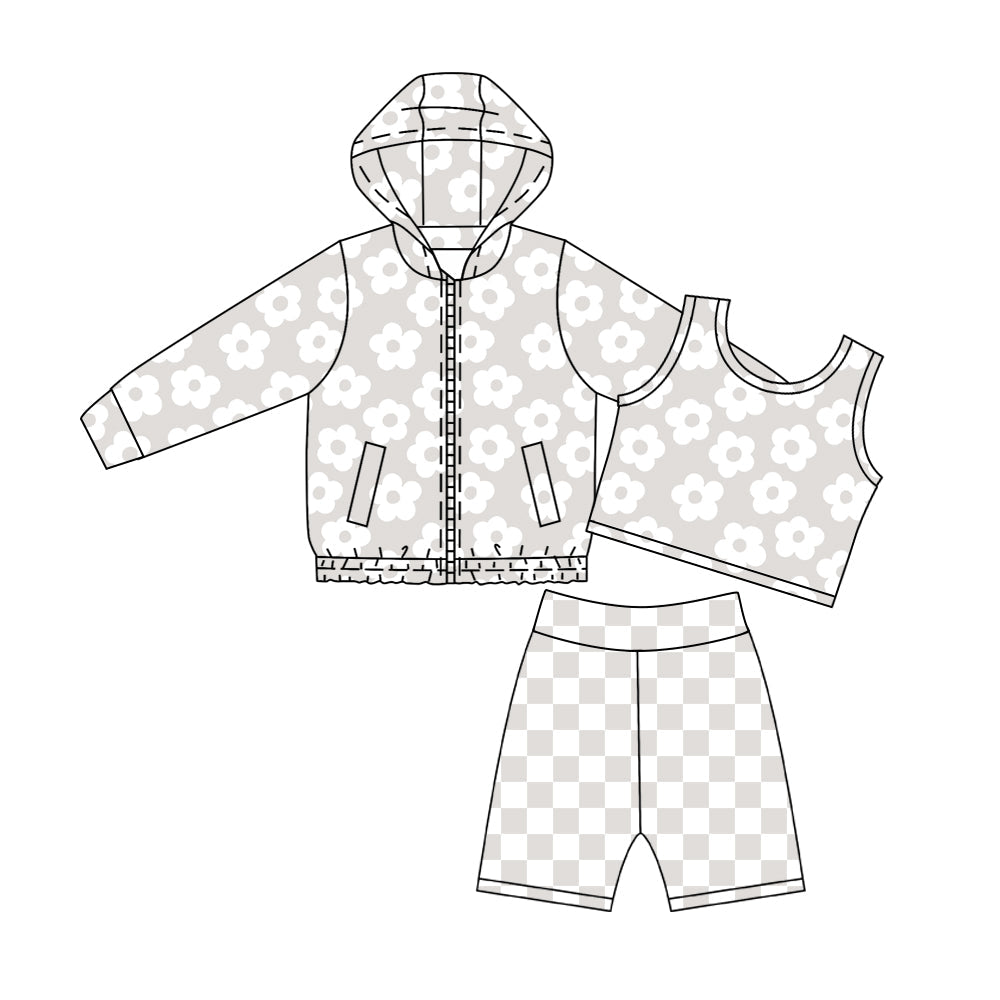 Preorder Baby Girls Flower Zipper Pockets Hoodie Tops Shorts Yoga Active Set Clothes ( Moq 5 )