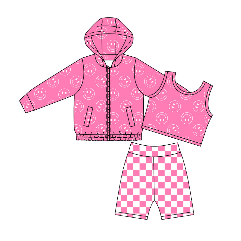 Preorder Baby Girls Smile Zipper Pockets Hoodie Tops Shorts Yoga Active Set Clothes ( Moq 5 )