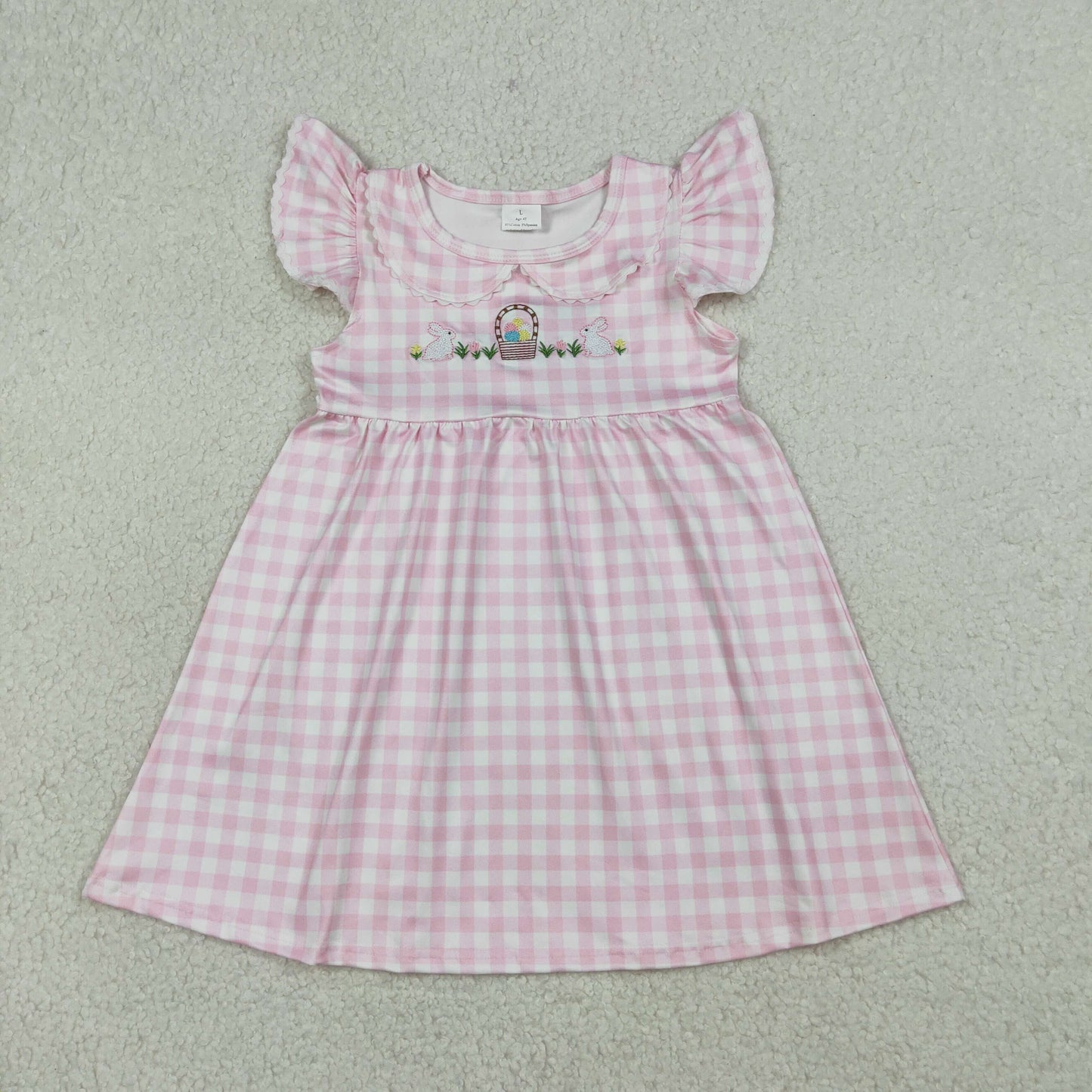 RTS Sibling Baby Girls Kids Short Sleeves Embroidery Rabbits Eggs Easter Pink Plaid Romper Dress