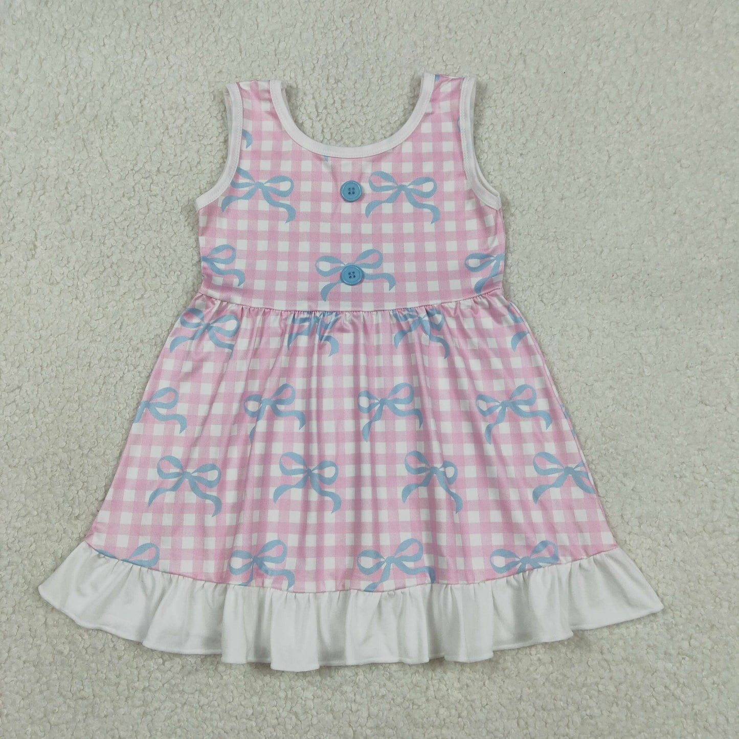 Sibling Baby Girls Kids Sleeveless Bows Plaid Buttons Ruffle Knee Length Dress