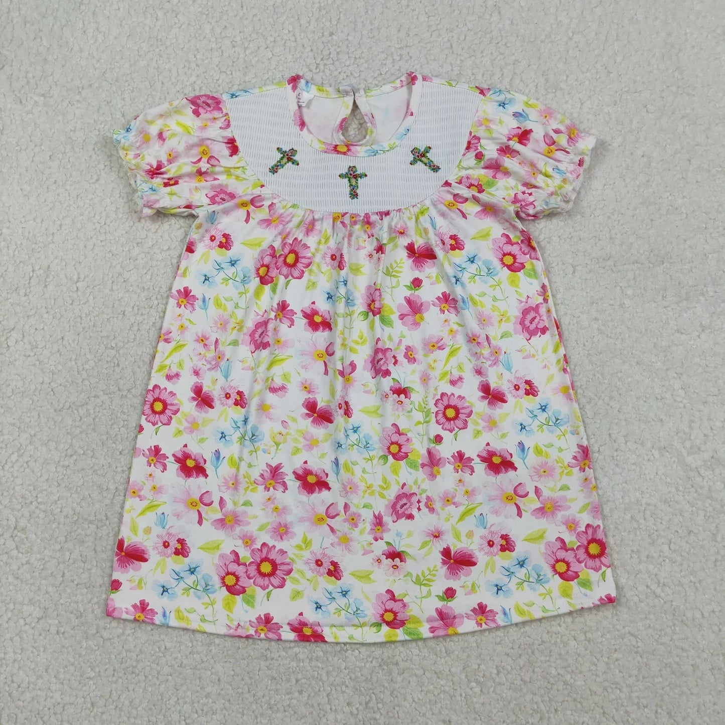 RTS Sibling Baby Girls Kids Short Sleeves Embroidery Crosses Flower Easter Knee Length Dresses
