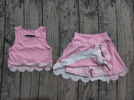 Preorder Baby Girls Pink Sleeveless Tops Bows Skirt Shorts Yoga Clothes Set