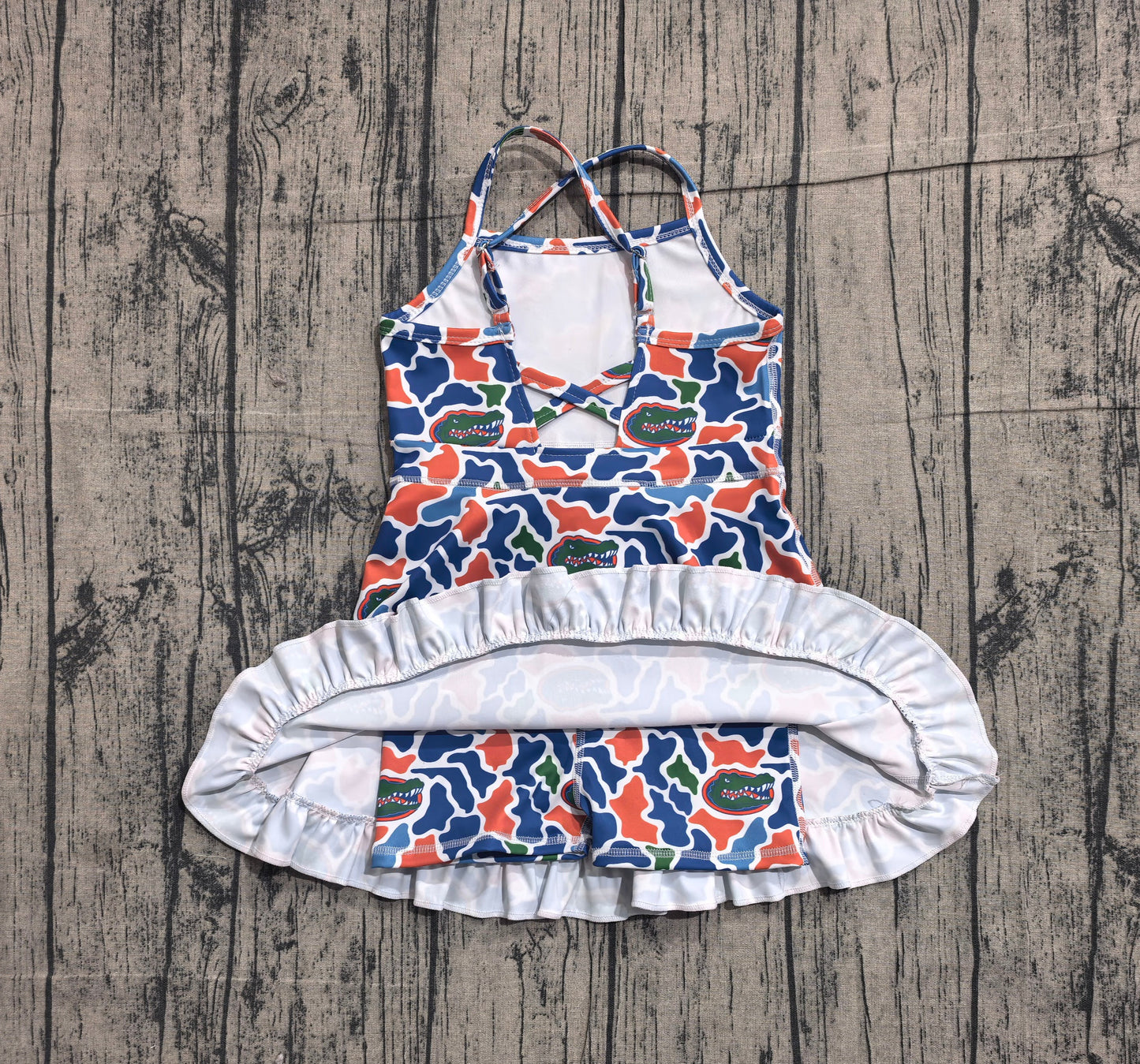 Preorder Baby Girls Kids Straps Blue Orange Camo Print Team Yoga Ruffle Knee Length Dress