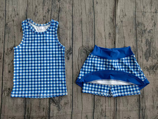 Preorder Baby Girls Kids Sleeveless Blue Plaid Tops Shorts Skirt Yoga Active Clothes Set