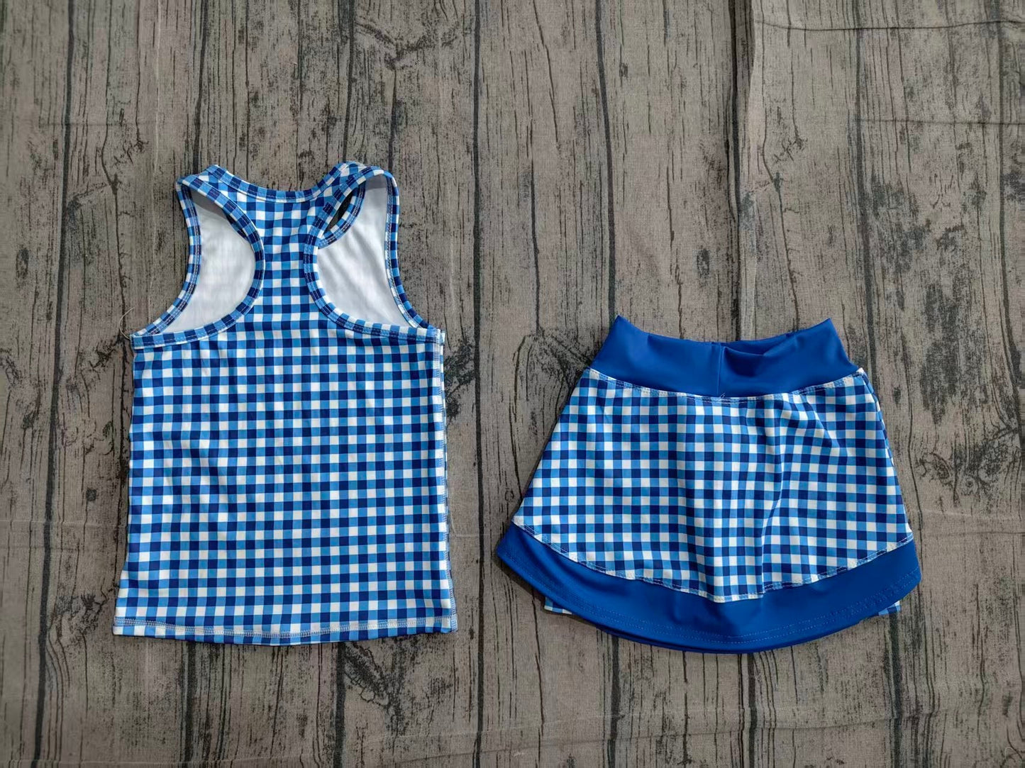 Preorder Baby Girls Kids Sleeveless Blue Plaid Tops Shorts Skirt Yoga Active Clothes Set