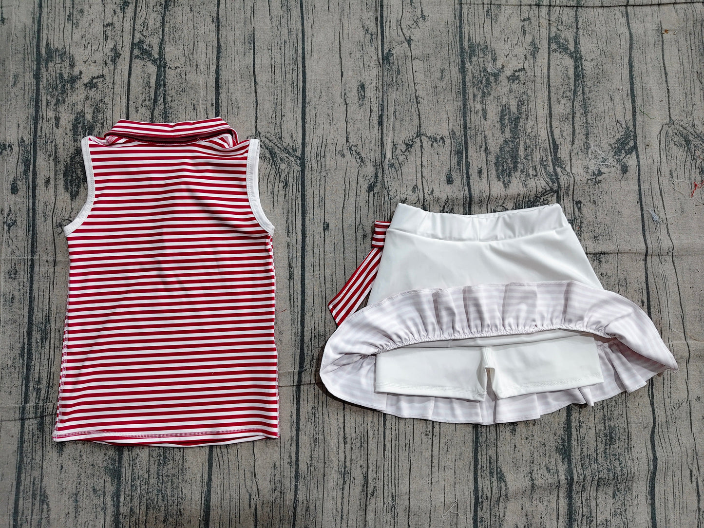 Preorder Baby Girls Dark Red Stripes Buttons Tops Ruffle Shorts Skirt Yoga Clothes Set