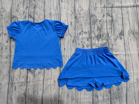 Preorder Baby Girls Kids Short Sleeves Shirt Scallop Skirt Shorts Set Blue Clothes