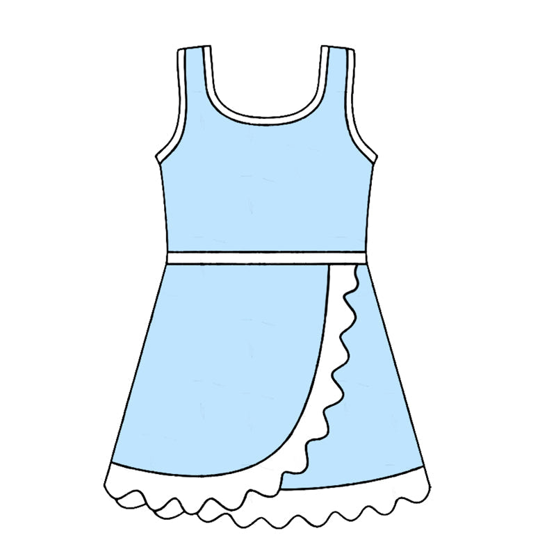 Preorder Baby Girls Kids Sleeveless Shorts Knee Length Scallop Light Blue Dress Yoga Active Clothes ( Moq 5 )