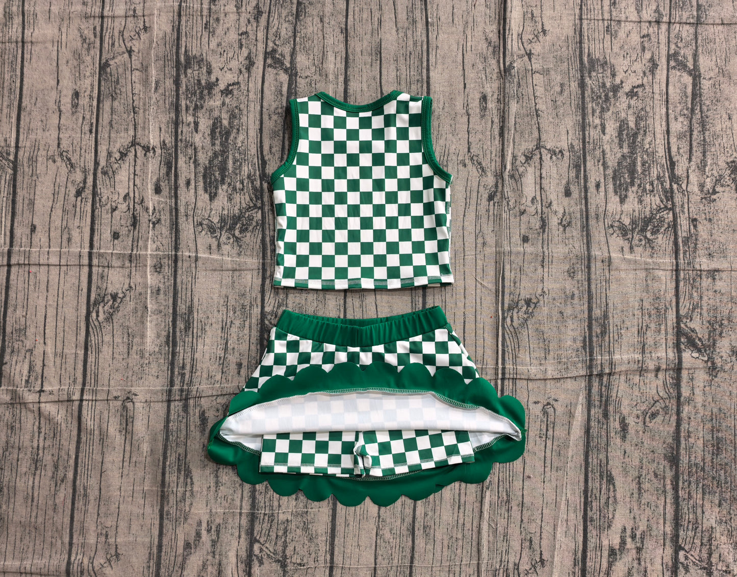 Preorder GSD4178 Baby Girls Kids Green Plaid Shirt Scallop Skirt Shorts Yoga Active Set