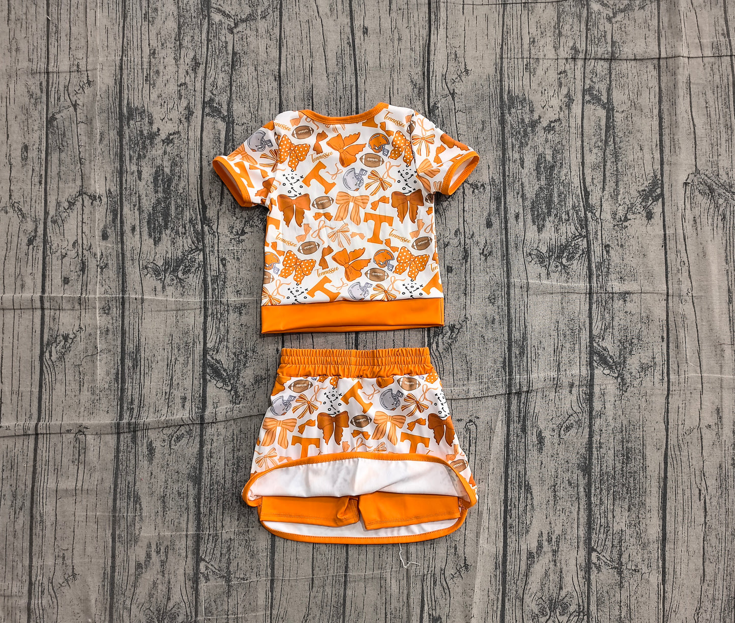 Preorder GSD4181 Baby Girls Kids Orange Bows Football Shirt Skirt Shorts Yoga Active Team Set