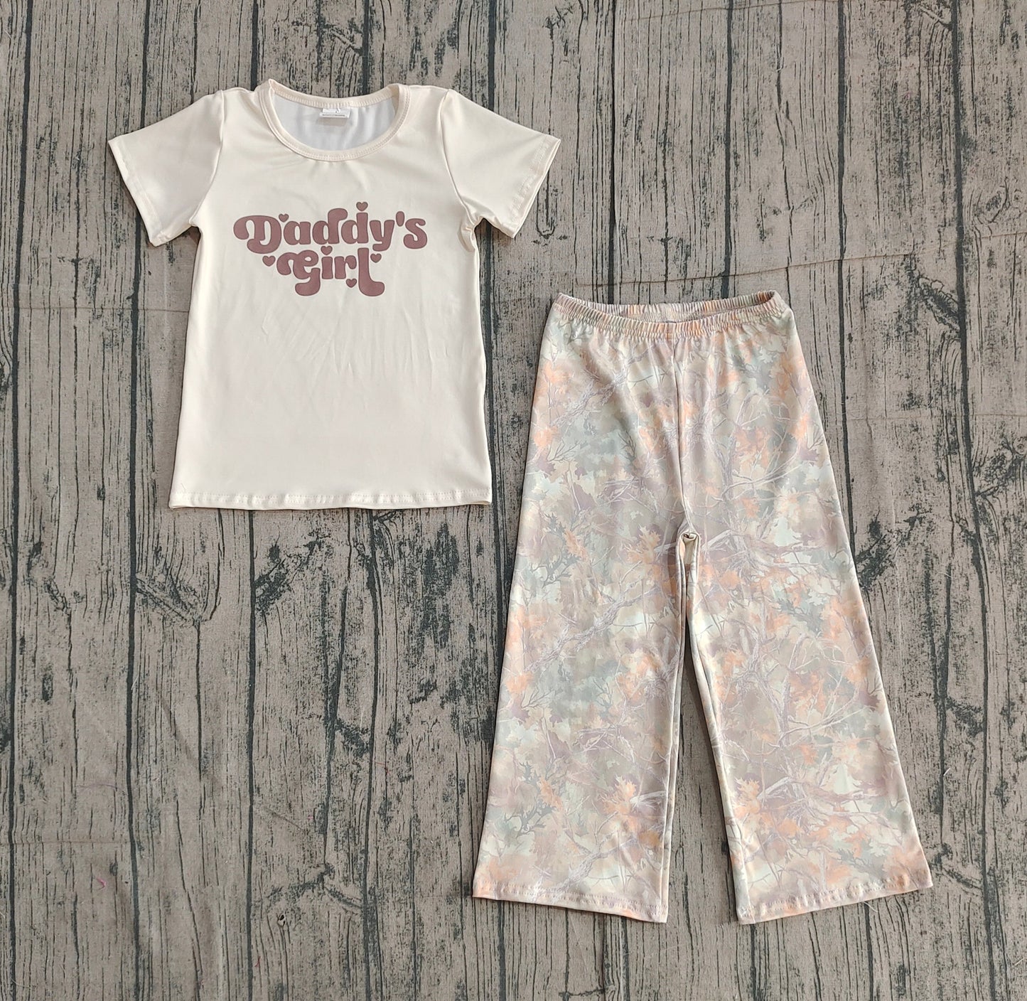RTS Baby Kids Short Sleeves Daddy's Girl Hearts Shirt Camo Pants Clothes Set