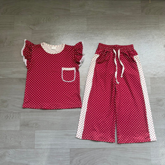 Baby Girl Kids Short Sleeves Pocket Shirt Dots Pants Red Set Clothes