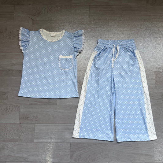 Baby Girl Kids Short Sleeves Pocket Shirt Dots Pants Blue Set Clothes