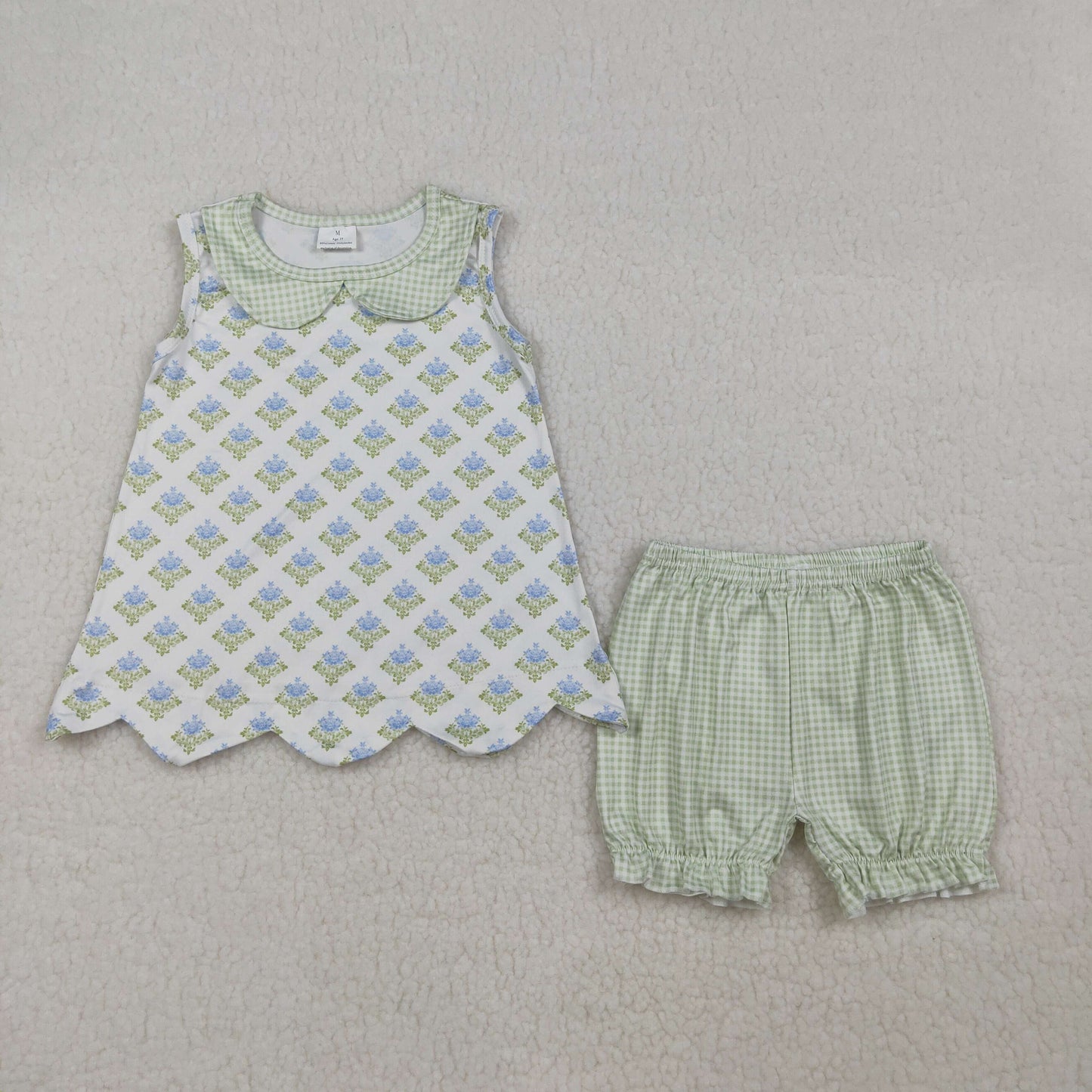 RTS Sibling Baby Girls Kids Sleeveless Flower Scallop Tops Plaid Shorts Set Romper
