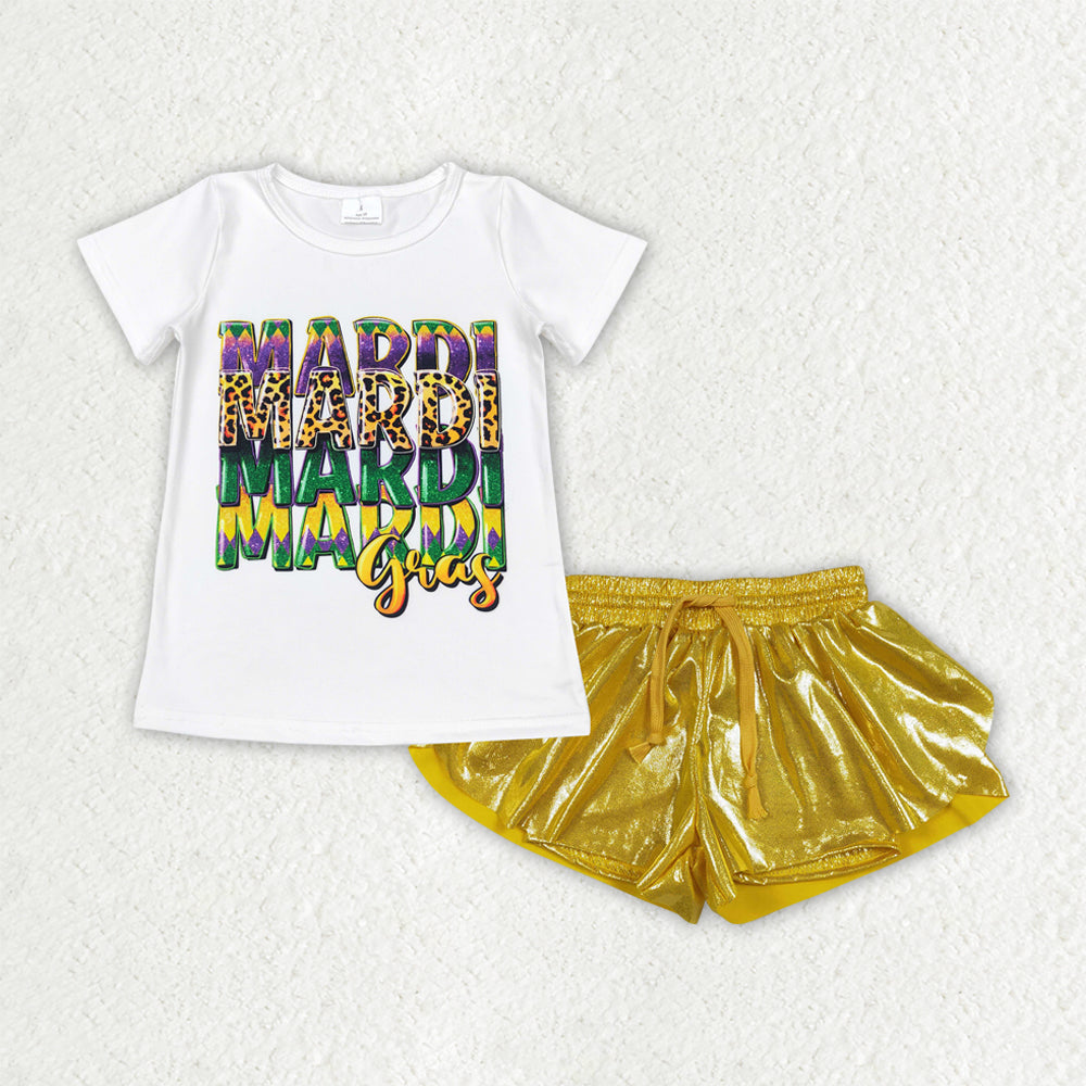 Baby Girls Short Sleeves Mardi Gras Shirt Yellow Leather Ruffle Shorts Clothes Set