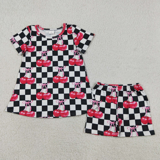 Sibling Baby Girls Kids Cherry Black Checked Romper Set Summer Clothes