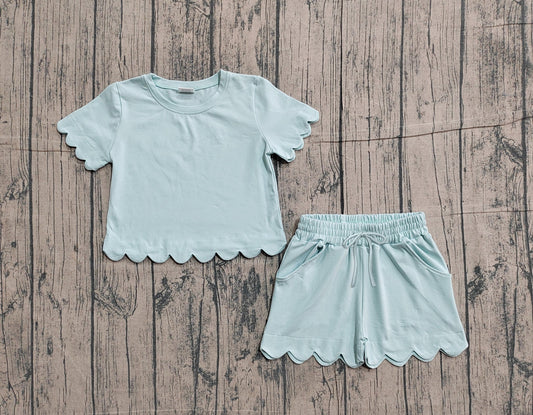 RTS Baby Girls Kids Short Sleeves Blue Shirt Scallop Shorts Girls Summer Clothes Set