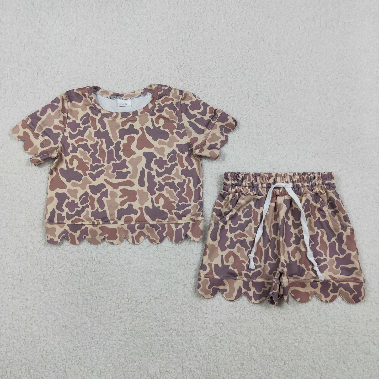 USA Shop Baby Girls Short Sleeves Khaki Camo Shirt Pockets Shorts Set Scallop Clothes