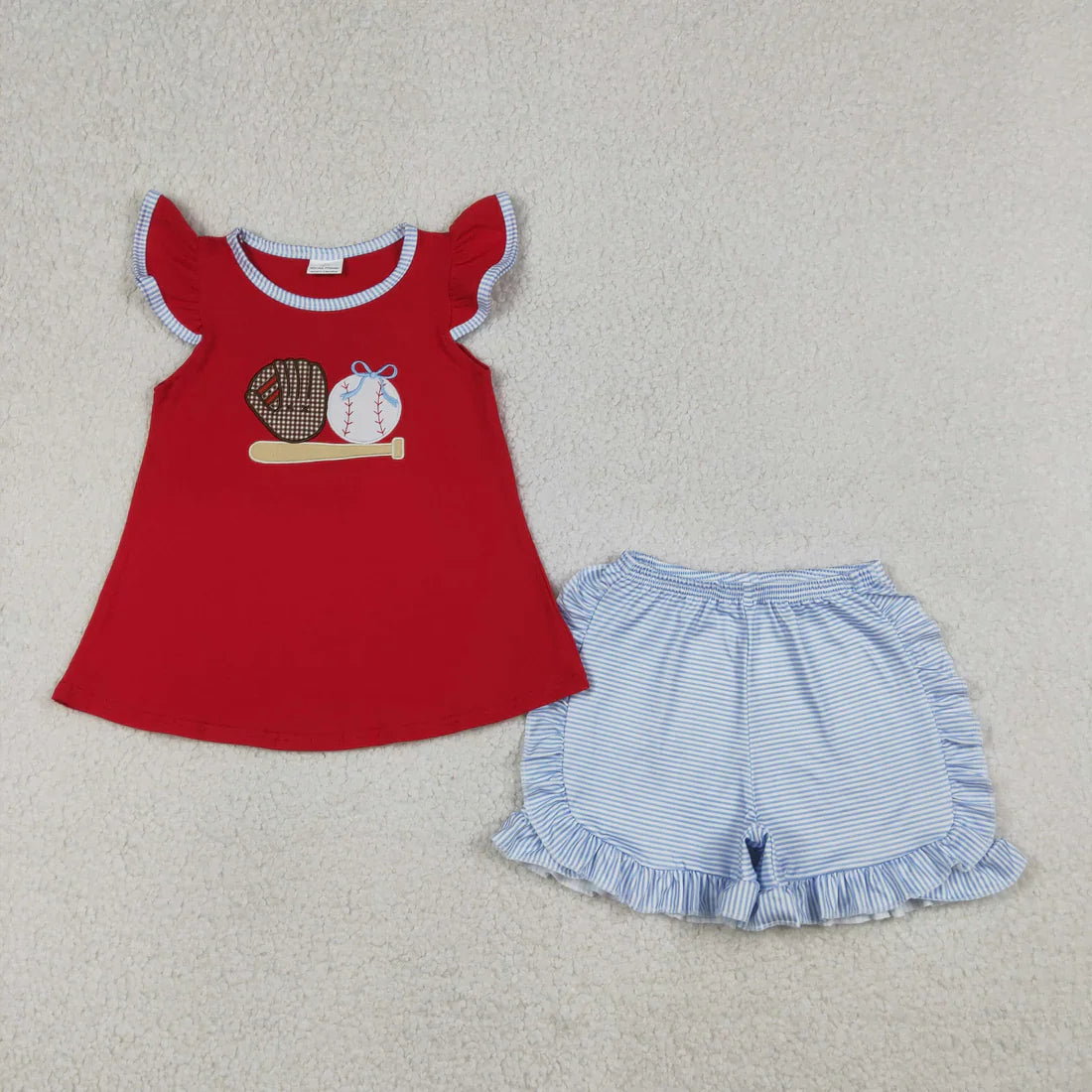 RTS Sibling Baby Boys Girls Kids Short Sleeves Embroidery Baseball Bows Tops Stripes Shorts Set