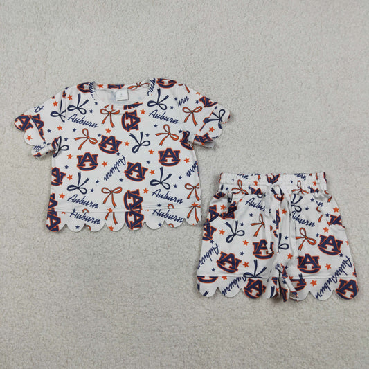 RTS Sibling Baby Girls Kids Short Sleeves Bows Team Shirts Pockets Shorts Sets Scallop Clothes